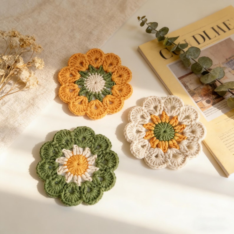 Sous-verres marguerite et tournesol au crochet en coton bohème