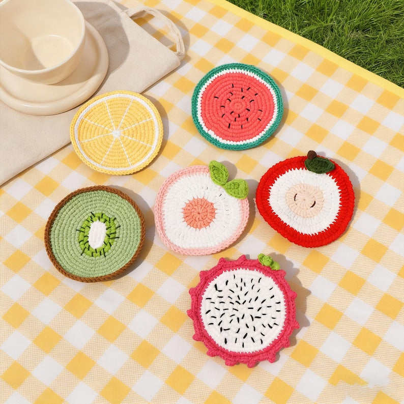 Sous-verres fruits au crochet, pastèque citron kiwi pêche