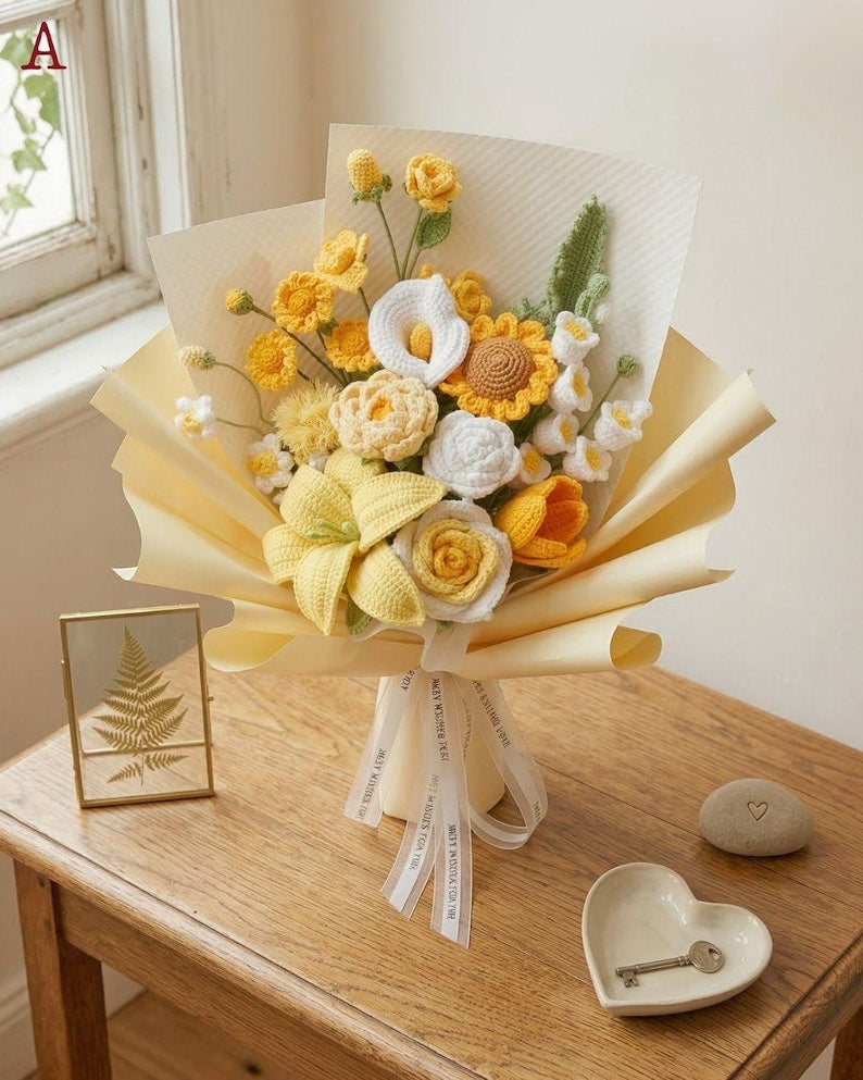 Bouquet de fleurs au crochet, jaune déco printanière fête des mères