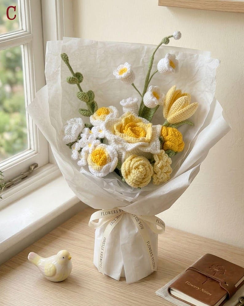 Bouquet de fleurs au crochet, jaune déco printanière fête des mères