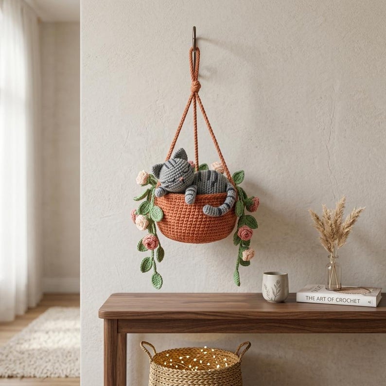 Suspension chat tigré gris crochet dans pot de roses miroir voiture
