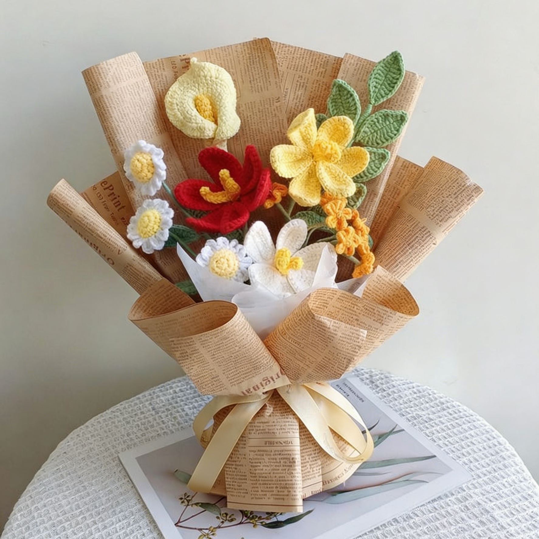 Bouquet de fleurs au crochet, marguerite pivoine lys calla