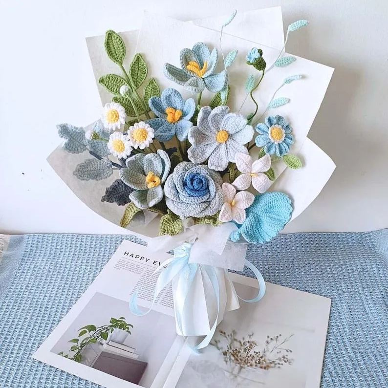 Bouquet de fleurs au crochet, rose bleue cadeau Saint-Valentin diplôme