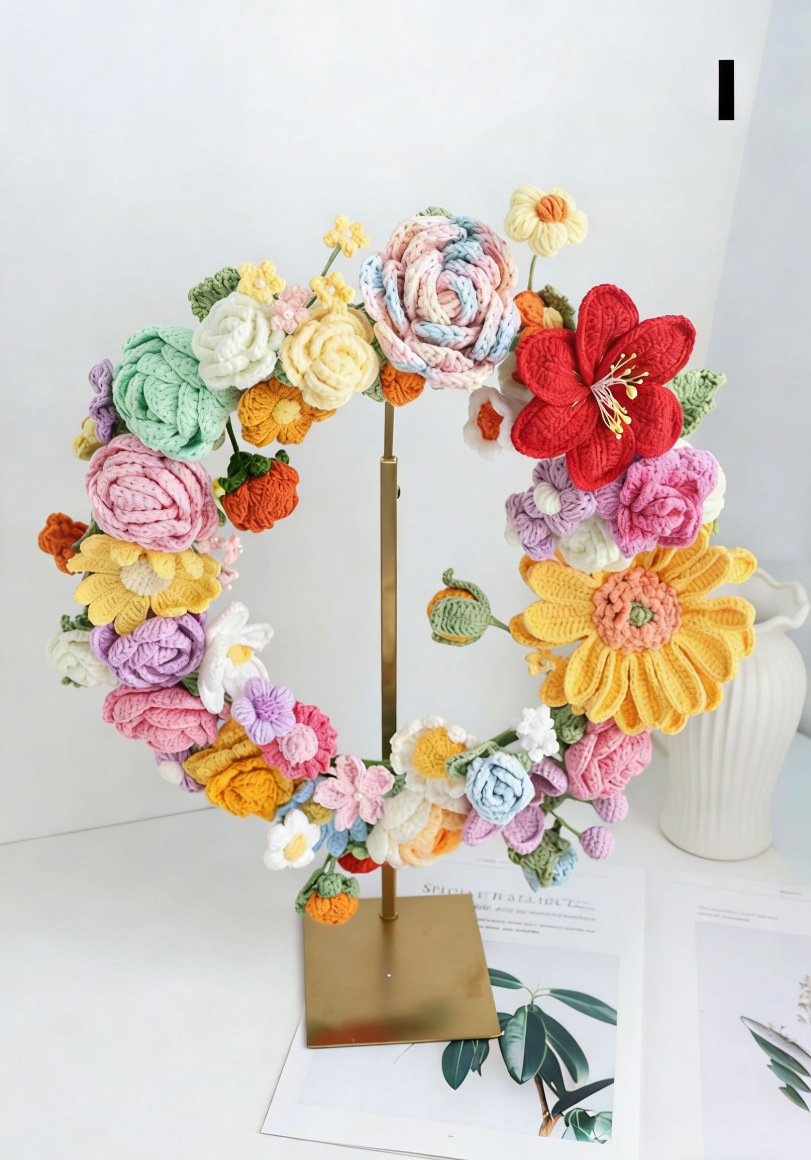 Couronne de fleurs printanière au crochet pour décoration de porte