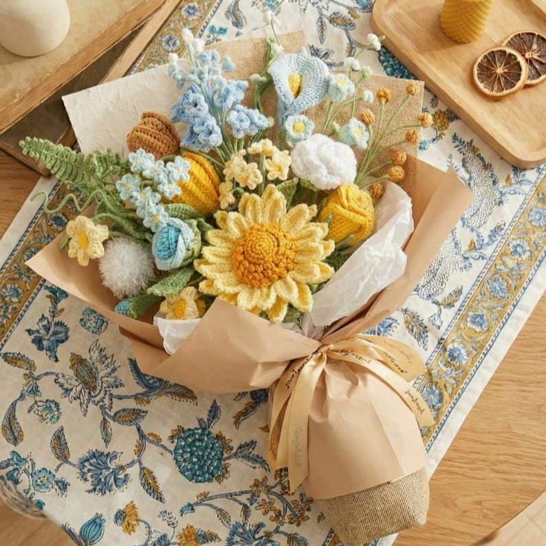 Bouquet de fleurs au crochet, tournesols cadeau remerciement professeur
