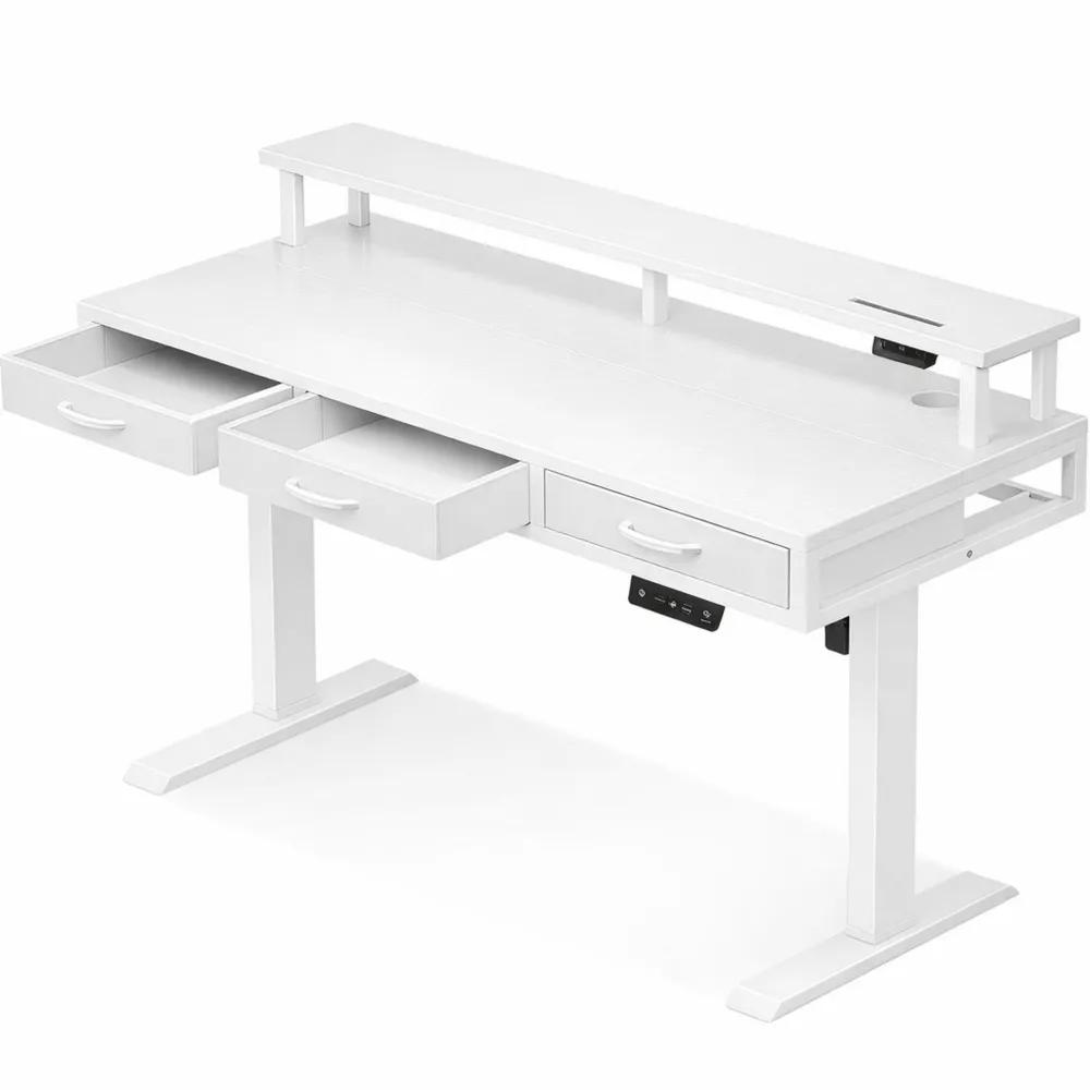 Höhenverstellbarer Schreibtisch mit Schubladen und Monitorständer, 120cm, mit Steckdosen und Beleuchtung, weiß