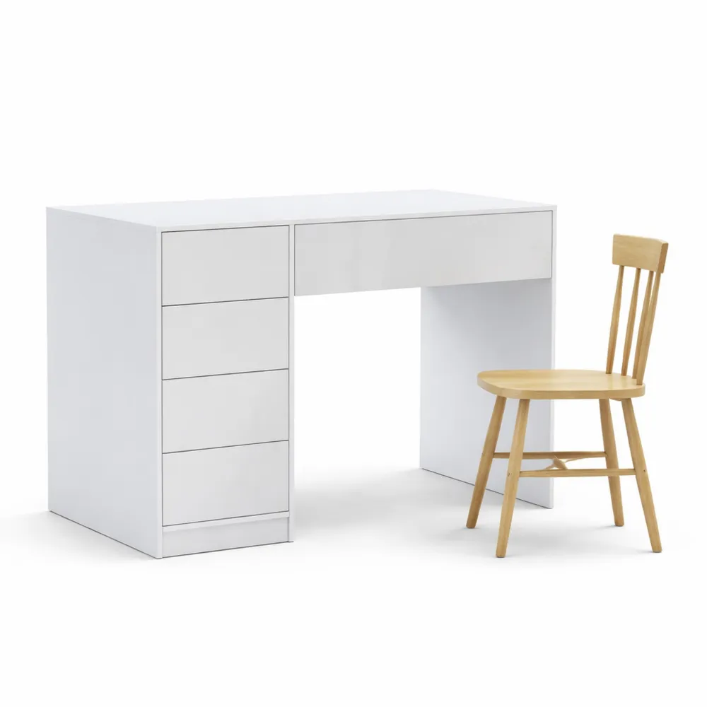 Hochglanz Schreibtisch mit 5 Schubladen, Weiß, 80x53x110 cm
