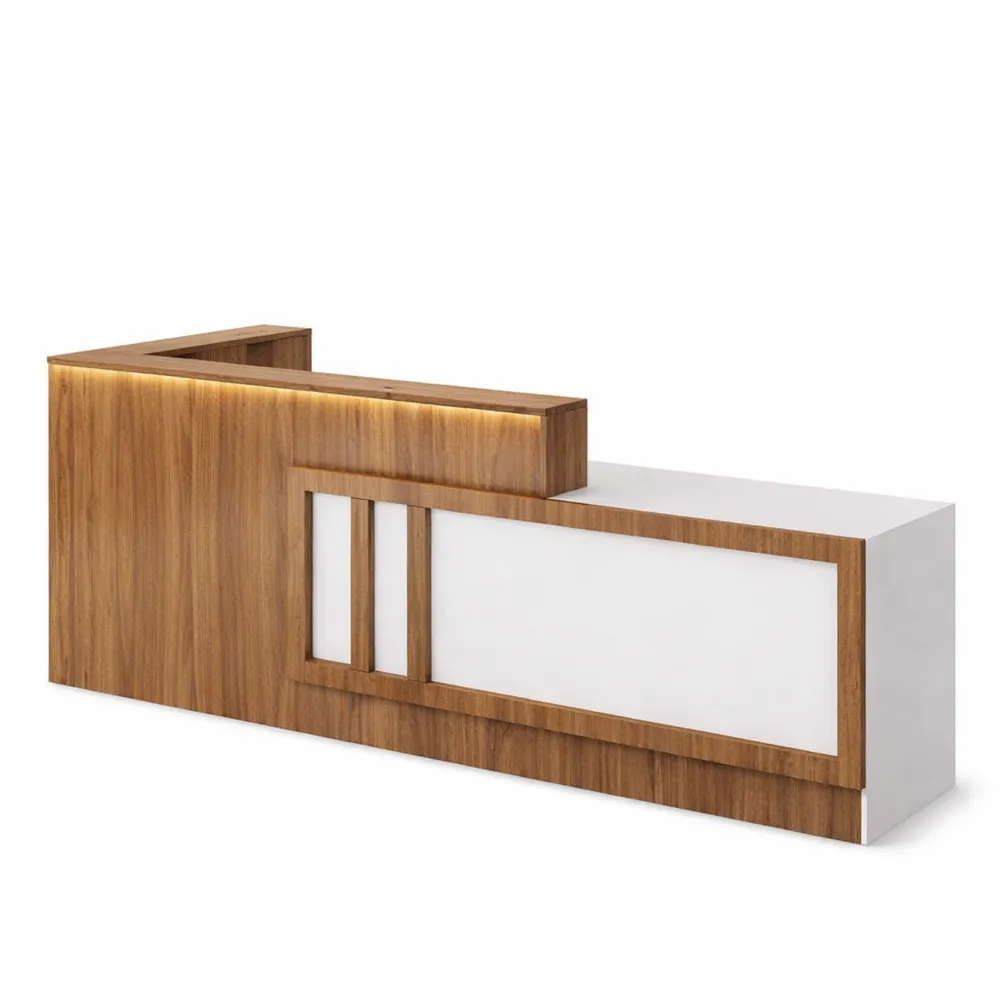 Stilvoller LED-Empfangstisch für Büro und Salon, moderner Tresen in Braun und Weiß mit Lichtakzenten