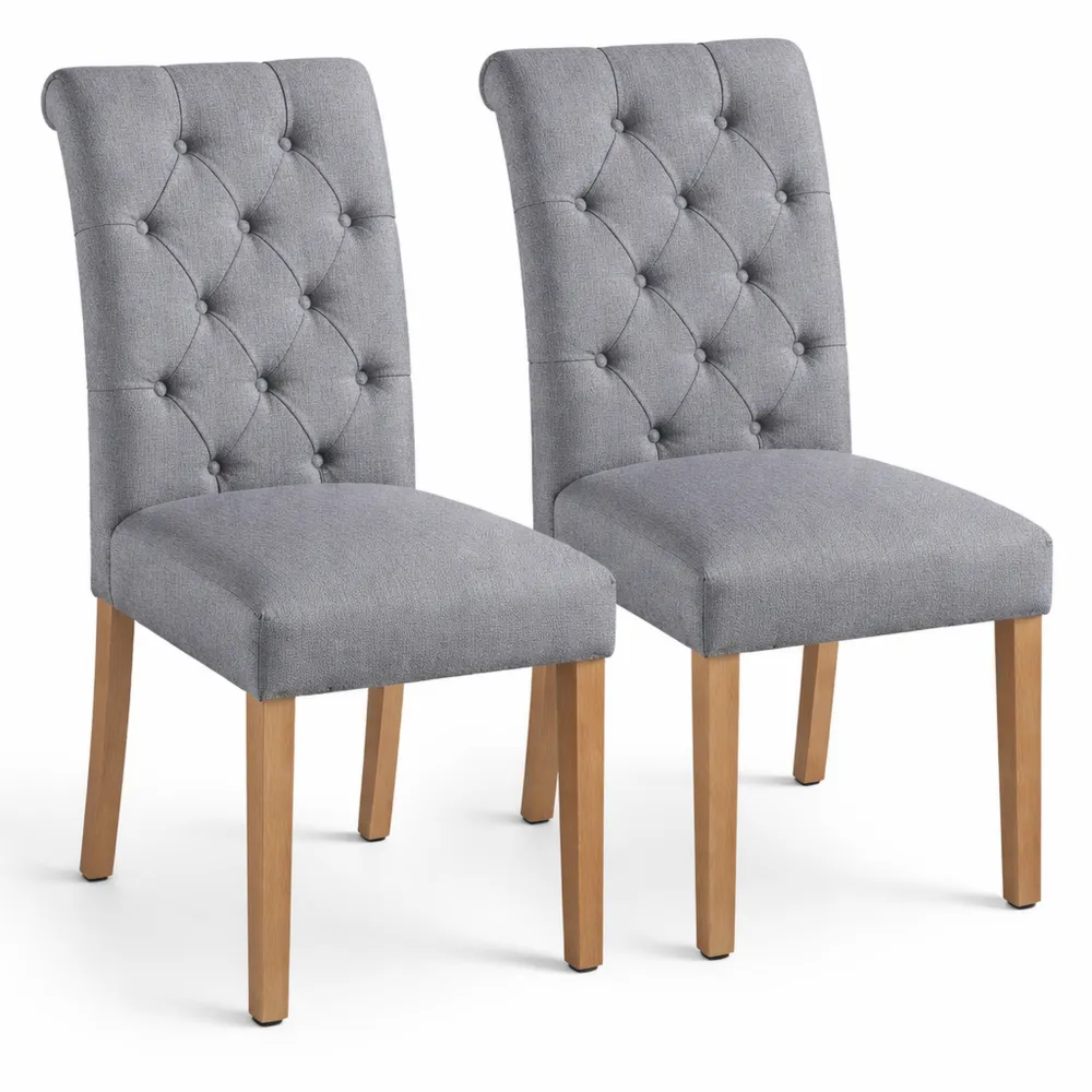 Polsterstuhl-Set mit hoher Rückenlehne, Massivholzbeine, Leinenbezug Dunkelgrau