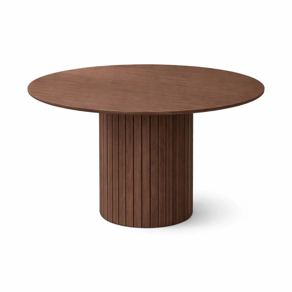 Runder Esstisch im Wabi-Sabi-Stil, Dunkelbraun mit Holzmaserung