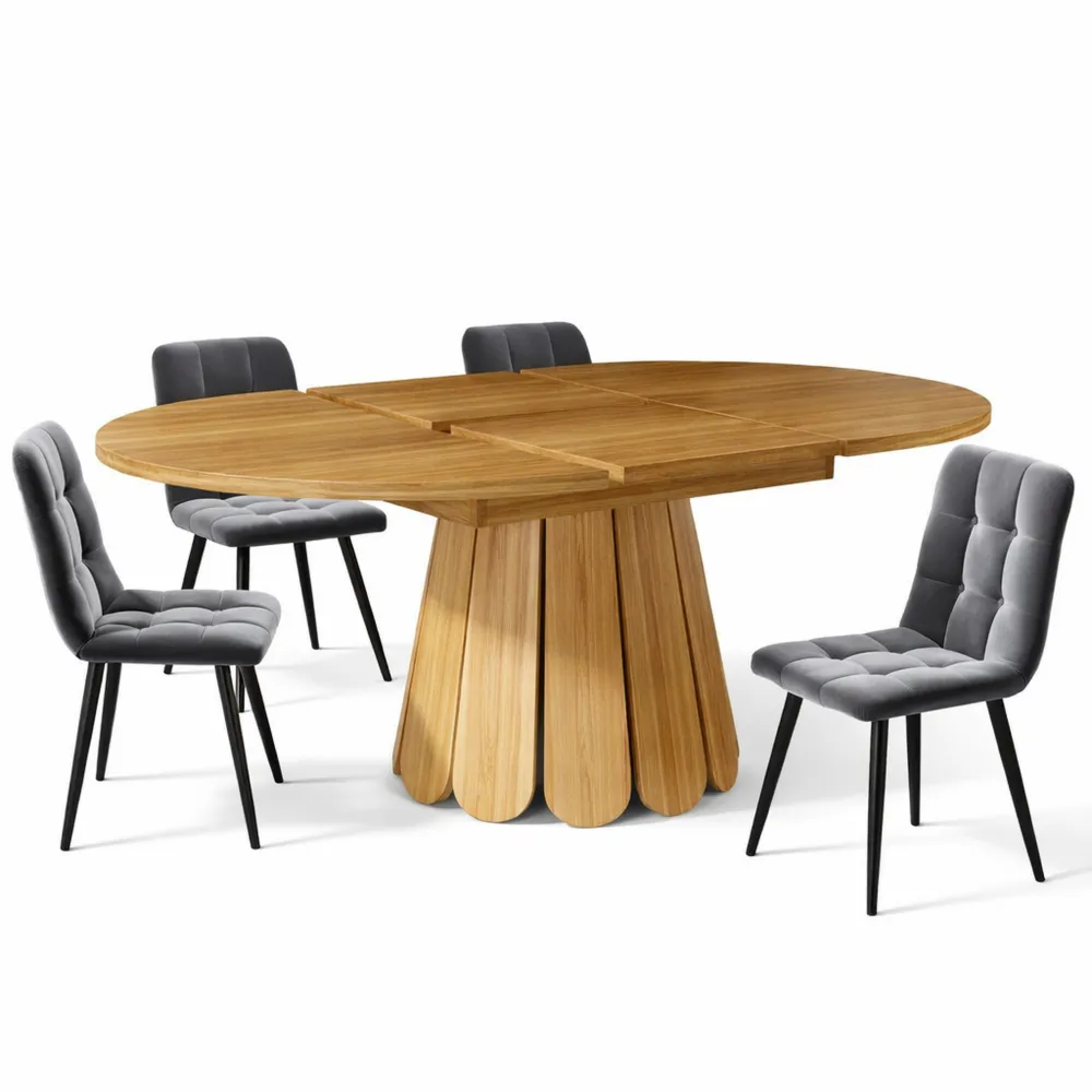 Ausziehbarer runder Esstisch für 4-6 Personen mit blütenförmigen Beinen, braun, Holz