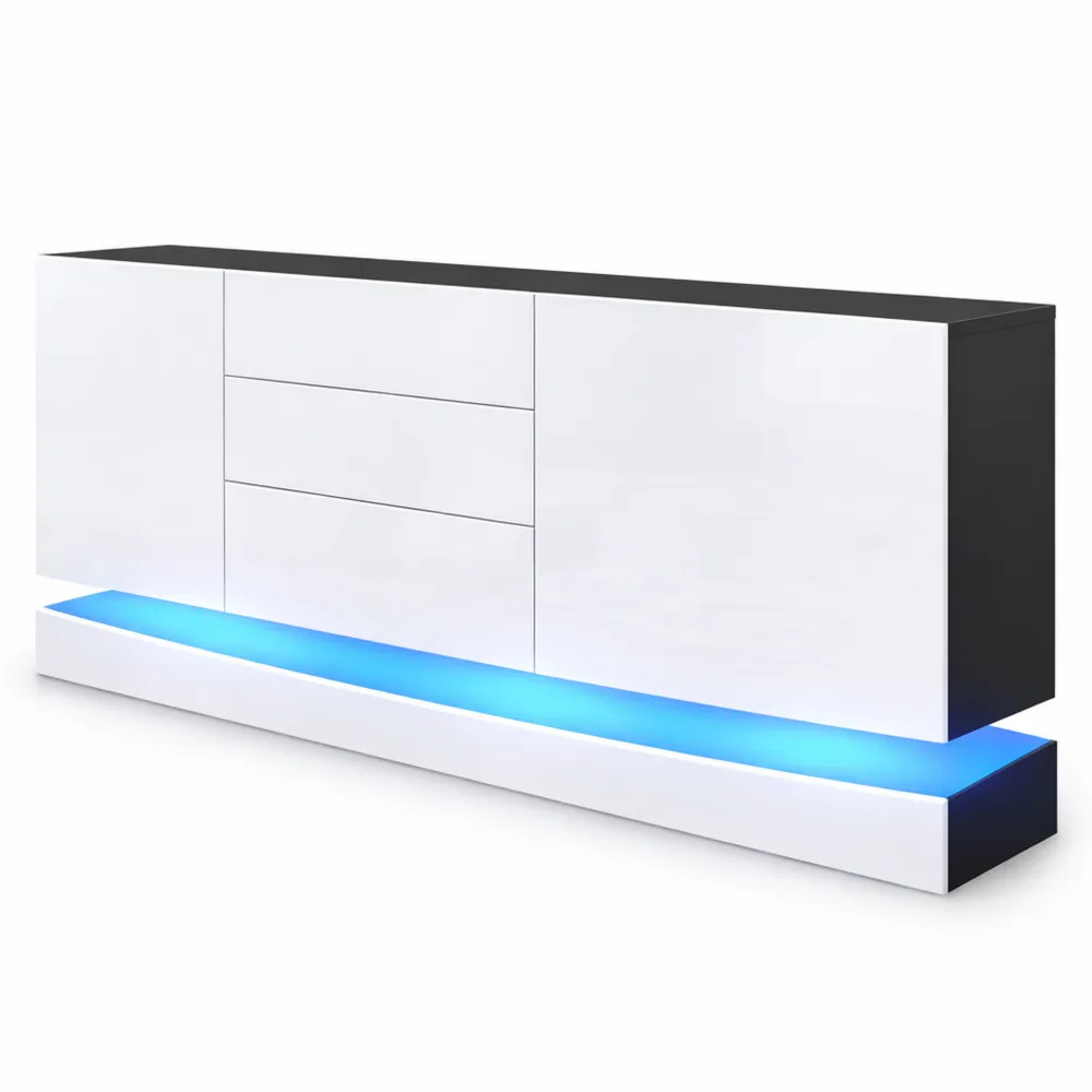 Moderne Kommode mit LED-Beleuchtung, Schwarz matt/Weiß Hochglanz für das Wohnzimmer (178 x 72 x 38 cm)