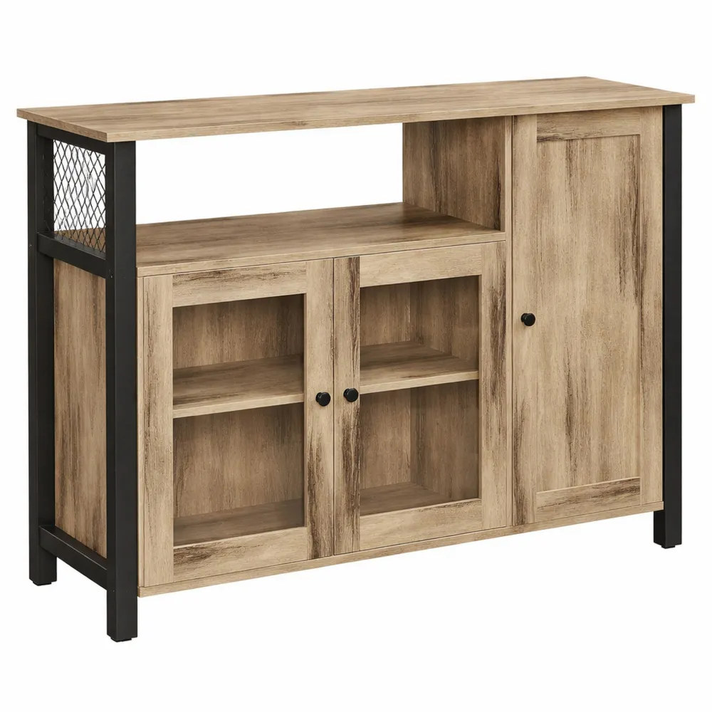 Landhausstil Sideboard mit 3 Türen für Wohnzimmer und Küche, 33 x 110 x 75 cm, Eichenbraun-Schwarz