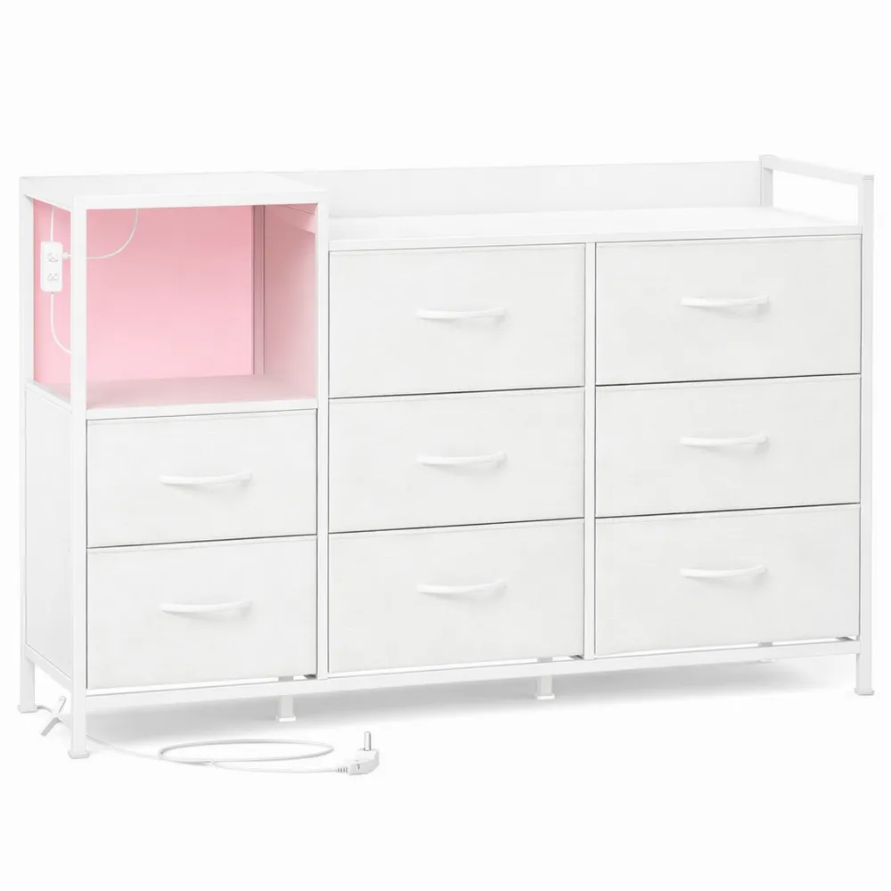 Multifunktionale Kommode mit LED und Stromanschlüssen, 8 Schubladen, Weiß