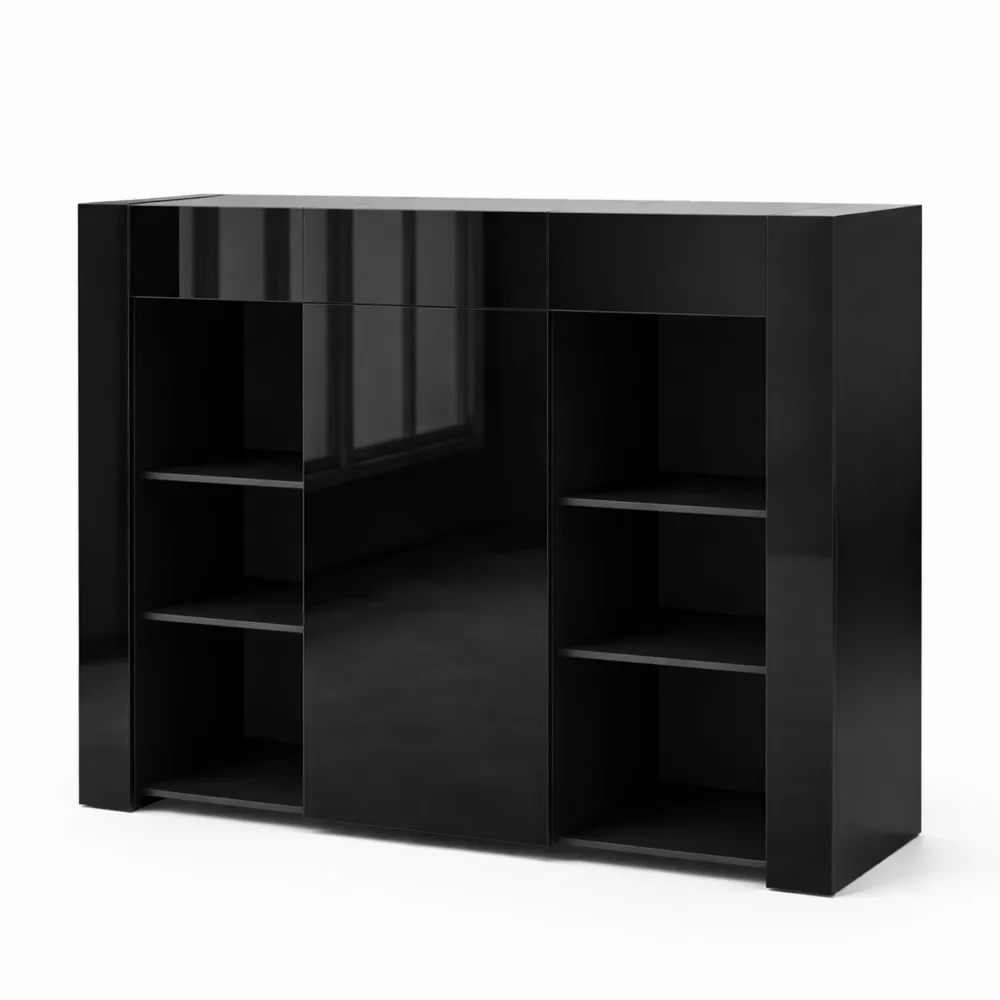 Moderner Schrank mit Glasböden, Stauraum für Küche und Wohnzimmer, Grifflos, Schwarz