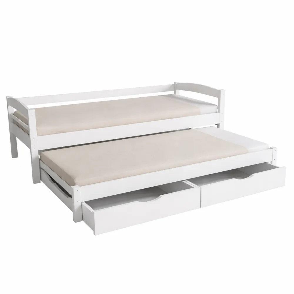 Praktisches Funktionsbett mit Lattenrost und Schubladen, Ausziehbares Einzel- und Doppelbett für Kinder, Weiß