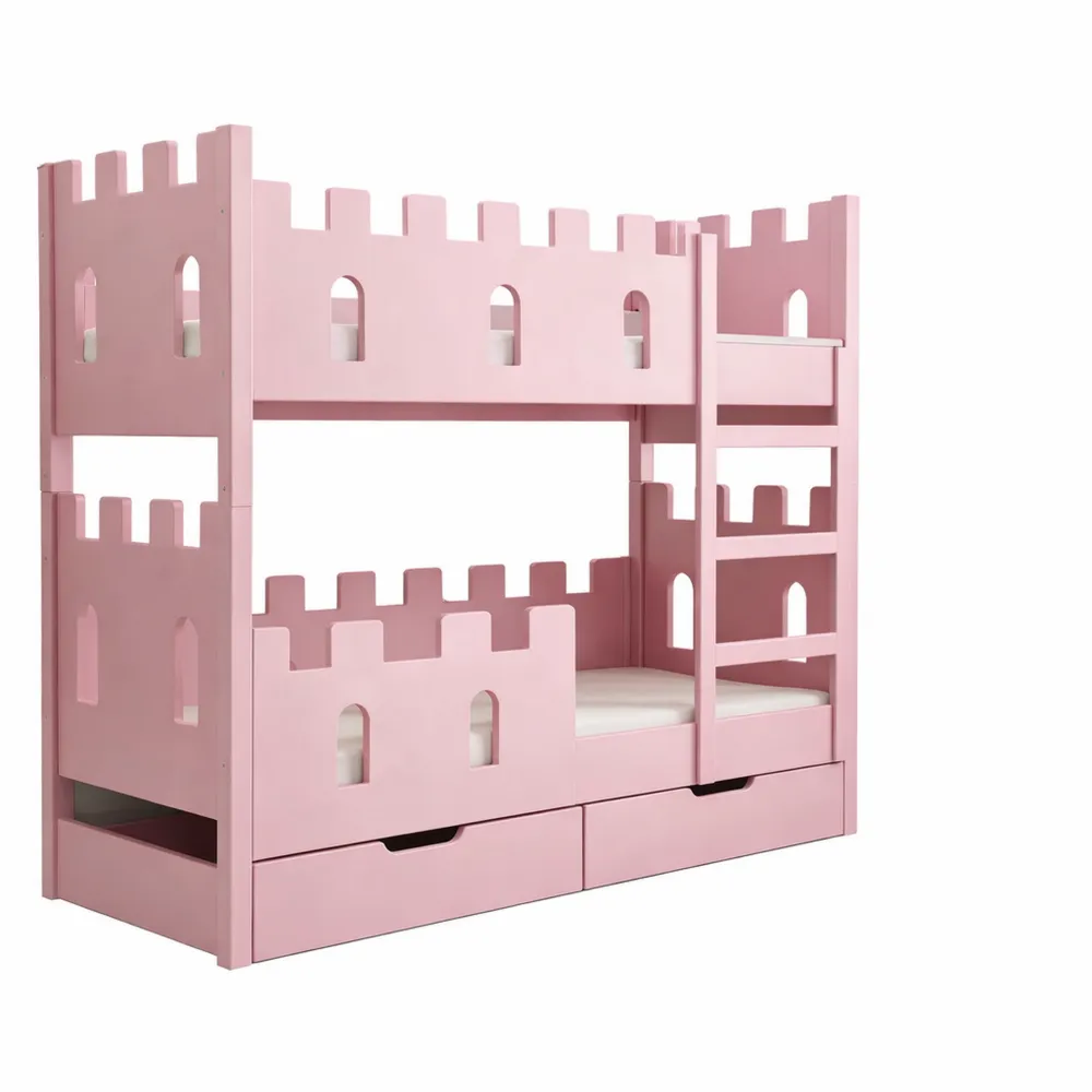 Hochbett mit Schlossdesign und Rausfallschutz, inklusive 2 Matratzen, aus massivem Kiefernholz