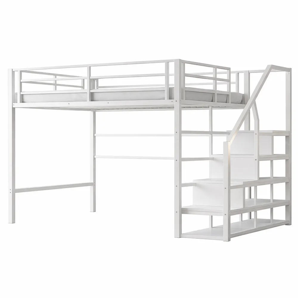 Hochbett mit Regalen und Ablagetreppe für Erwachsene und Jugendliche, weiß, 140x200 cm
