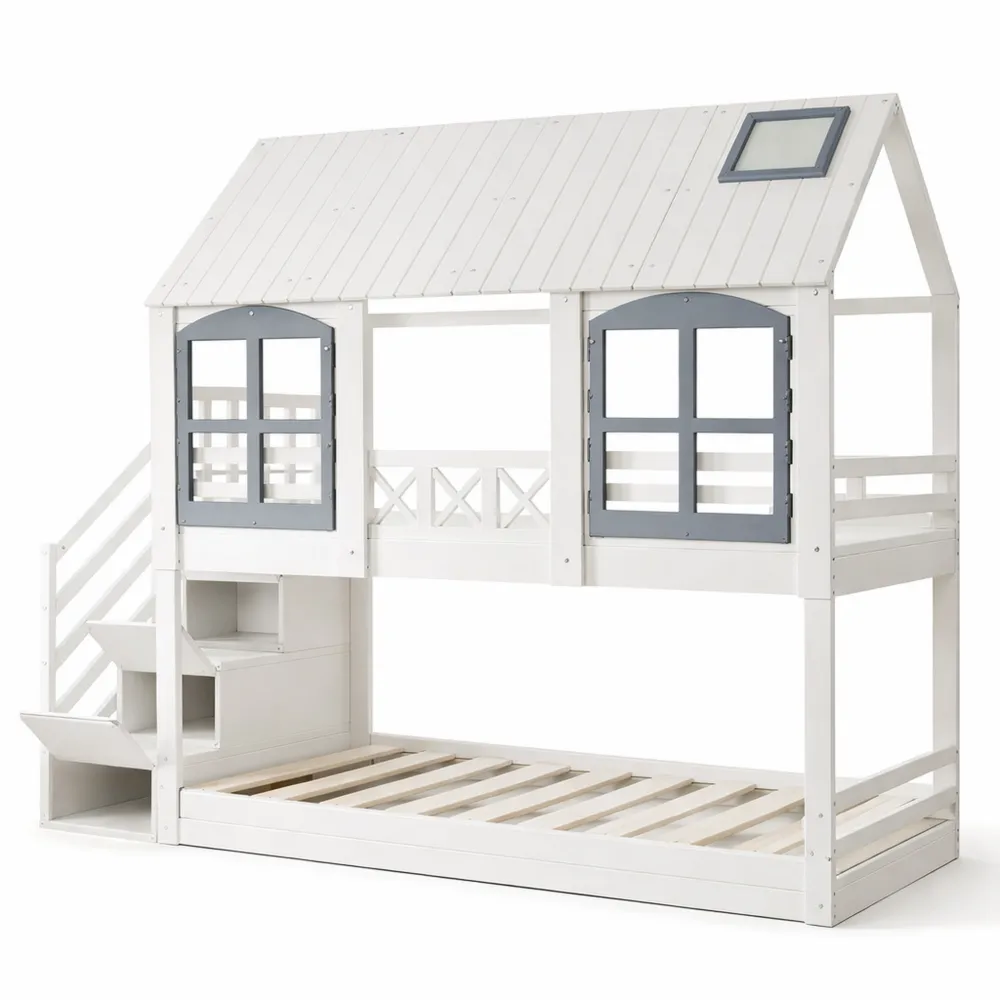 Kinderhochbett mit Rausfallschutz, Lattenrost und Stauraumtreppe, Baumhaus-Design mit Dach und Fenster, platzsparend für kleine Räume