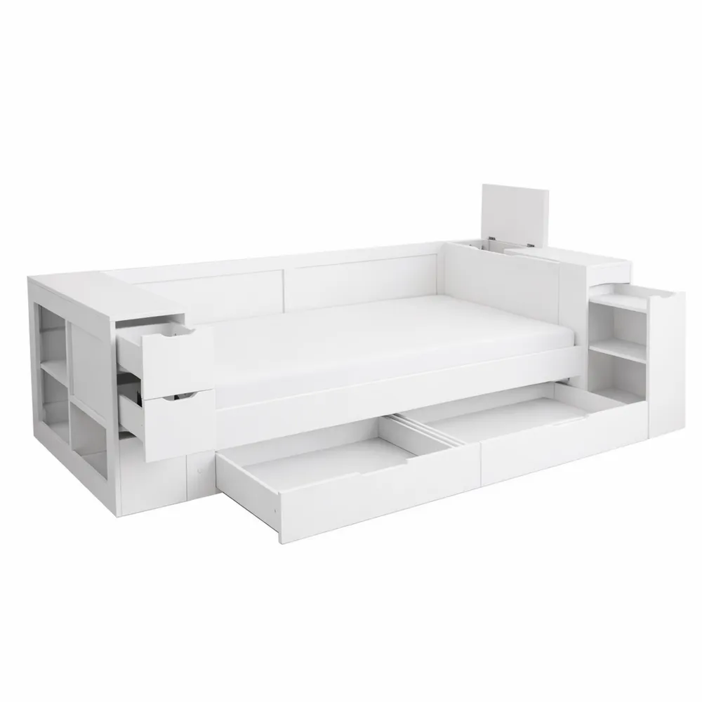 Einzelbett mit Stauraum und Regal, 90x200 cm, ideal für Kinder und Jugendliche, Weiß, ohne Matratze