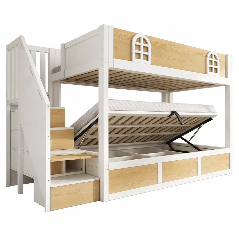 Hochbett für Kinder mit Stauraum und Regal, Sicherheitsgeländer, Weiß