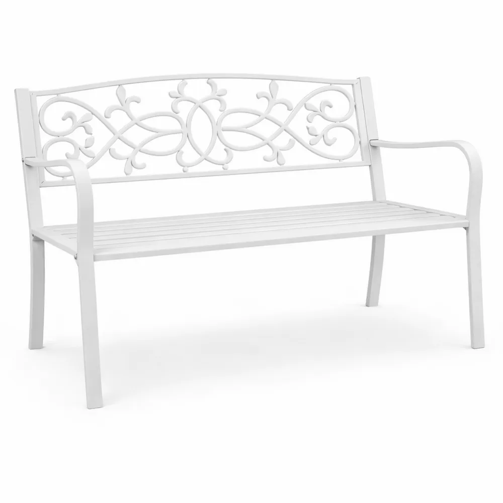 Nostalgische Gartenbank für 2 Personen, wetterfest aus Gusseisen und Stahl, weiß