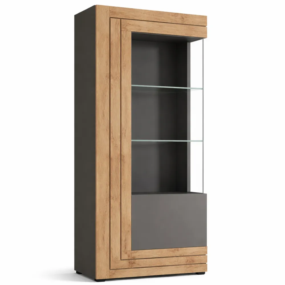 Graue Wohnzimmer-Vitrine mit Glaseinsatz, Dekoration und Stauraum, 60x194x37 cm