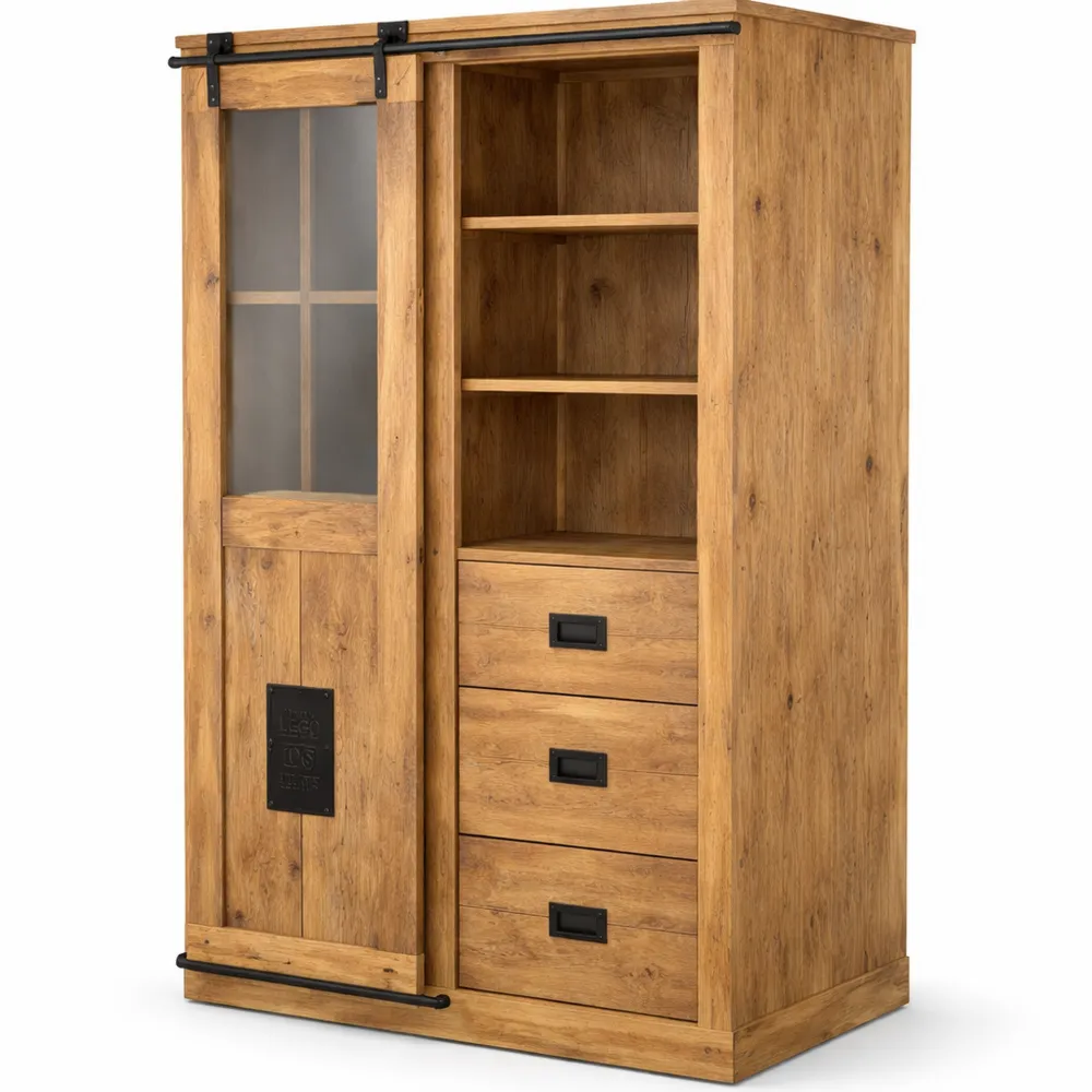 Retro Vitrinenschrank aus Mango Holz mit Glas und Schiebetür