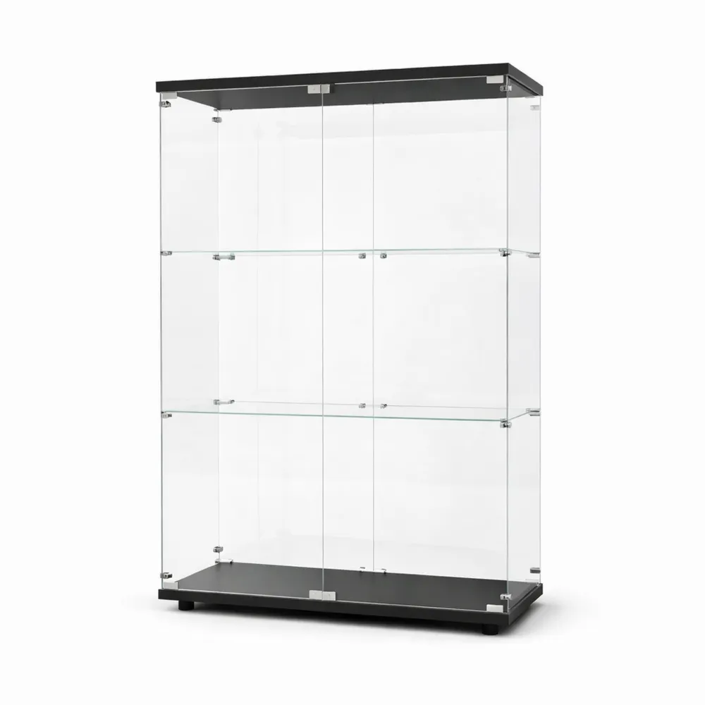 Moderne schwarze Glasvitrine mit Holzelementen, 3 Ebenen für Sammlerstücke