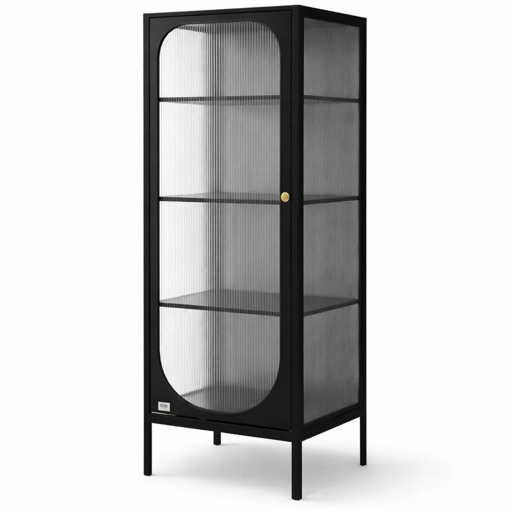 Schmaler Vitrinenschrank mit 5 Ablagen und Tür, Metall, Industrie-Design