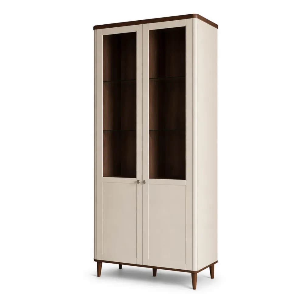 Moderne Wohnzimmervitrine mit Lamellendesign, zweiflügelig, Kaschmir Beige und Eichenholzdekor, 90 cm x 200 cm x 41 cm