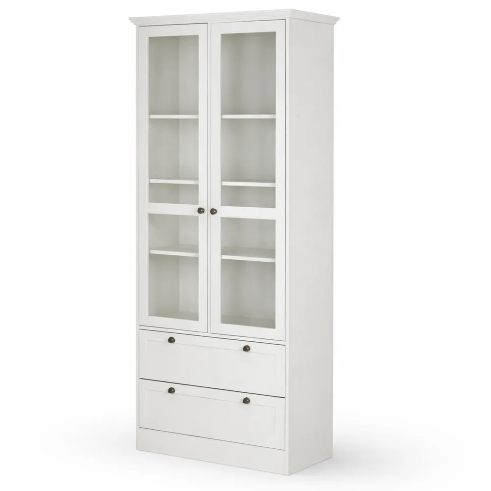 Weiße Vitrine mit Glastüren und Schubladen im Landhausstil
