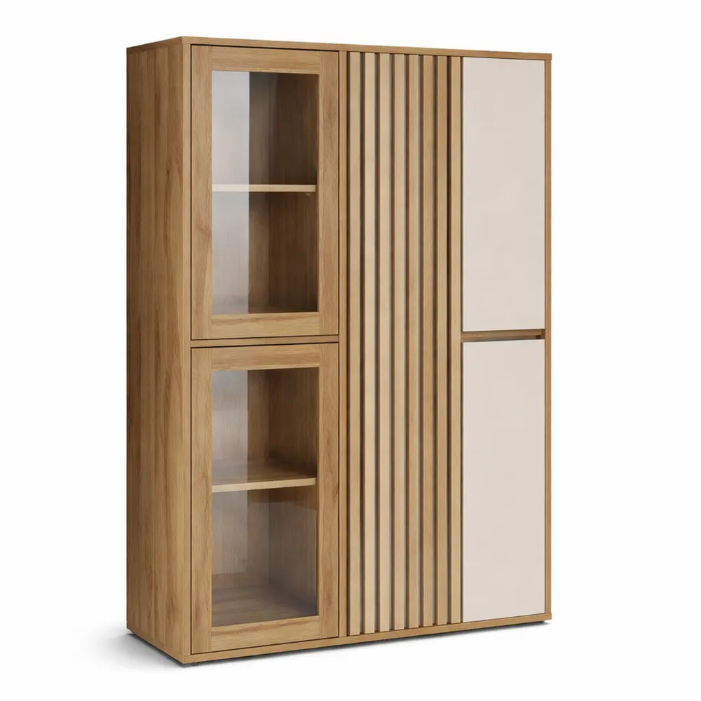 Moderne Vitrine mit Lamellendesign, 5-türig, für Wohn- oder Schlafzimmer, Eiche Holzdekor, Beige