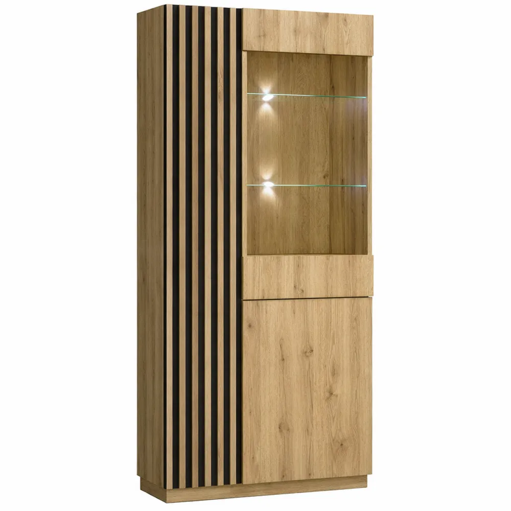 Moderne Vitrine für Wohnzimmer & Esszimmer, Wotan Eiche/Schwarz, 8 Glasregale