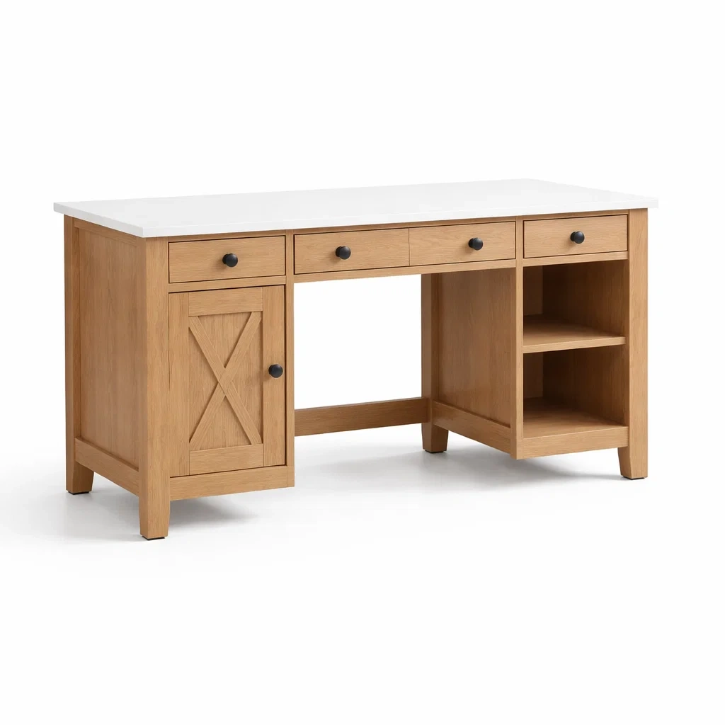 Schreibtisch eiche mdf mit schubladen tür und regalfächern 140 x 60 x 75 cm-FURNIBALANCE