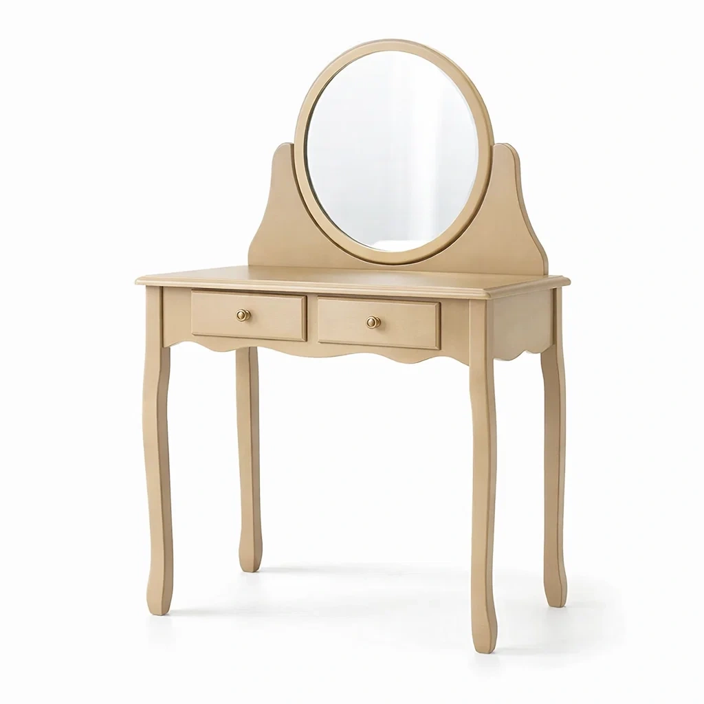 Schminktisch holz beige mit spiegel und schubladen-FURNIBALANCE