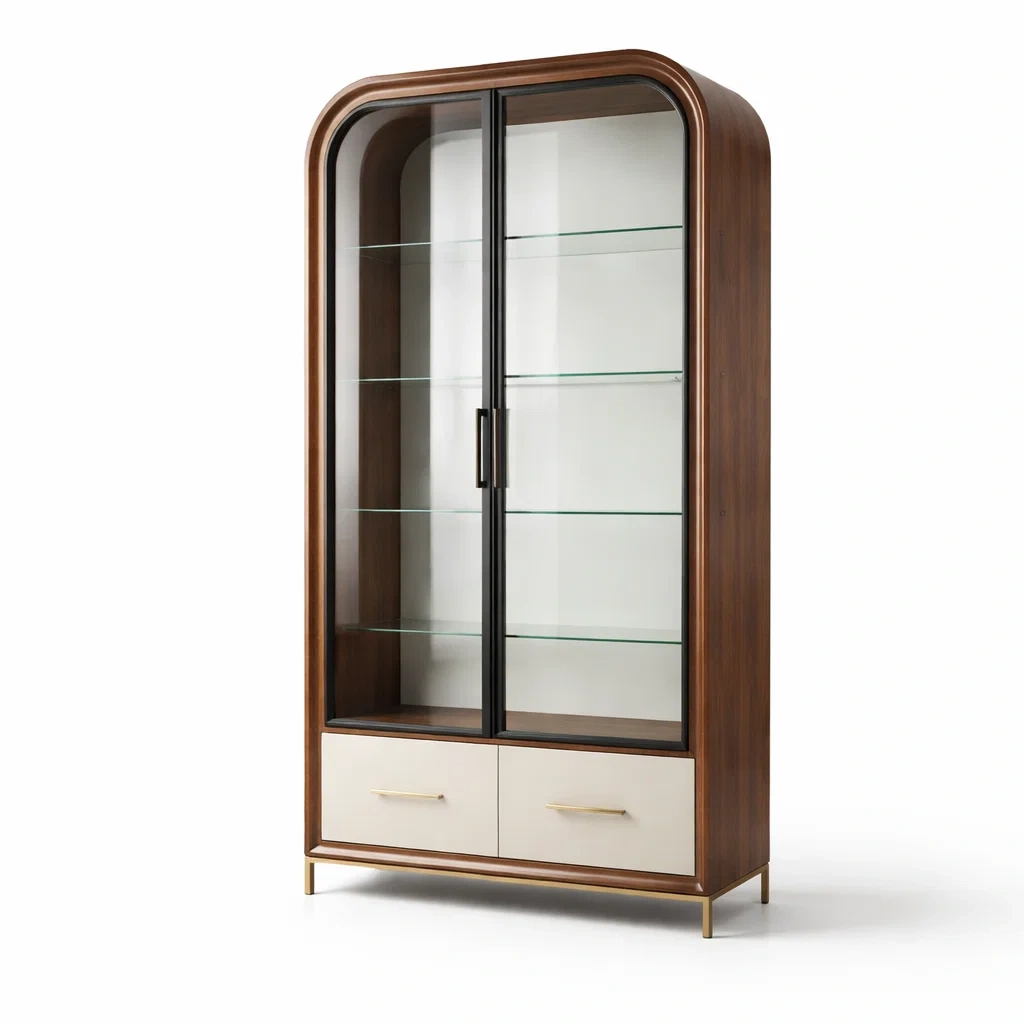 Vitrine walnussholz mit gehärtetem glas braun creme-FURNIBALANCE