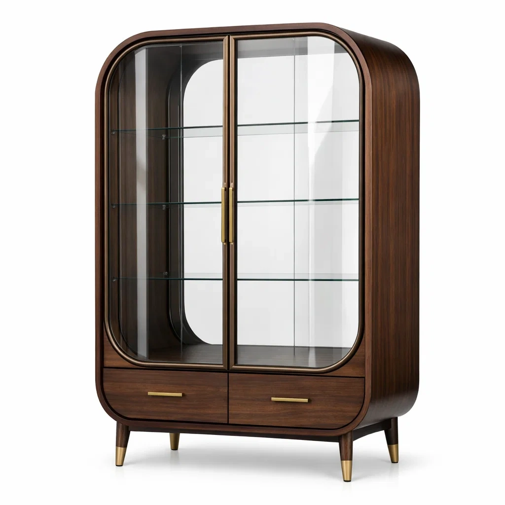 Vitrine holz glas braun mit schiebetüren regalen und schubladen 150 x 90 x 40 cm-FURNIBALANCE