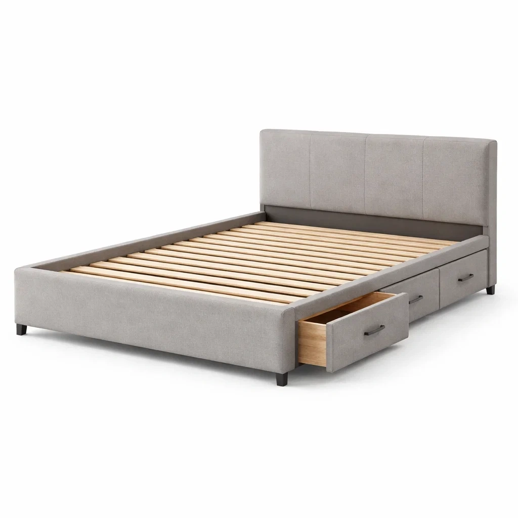 Bett mit stauraum holz leinenstoff grau-FURNIINHOUSE