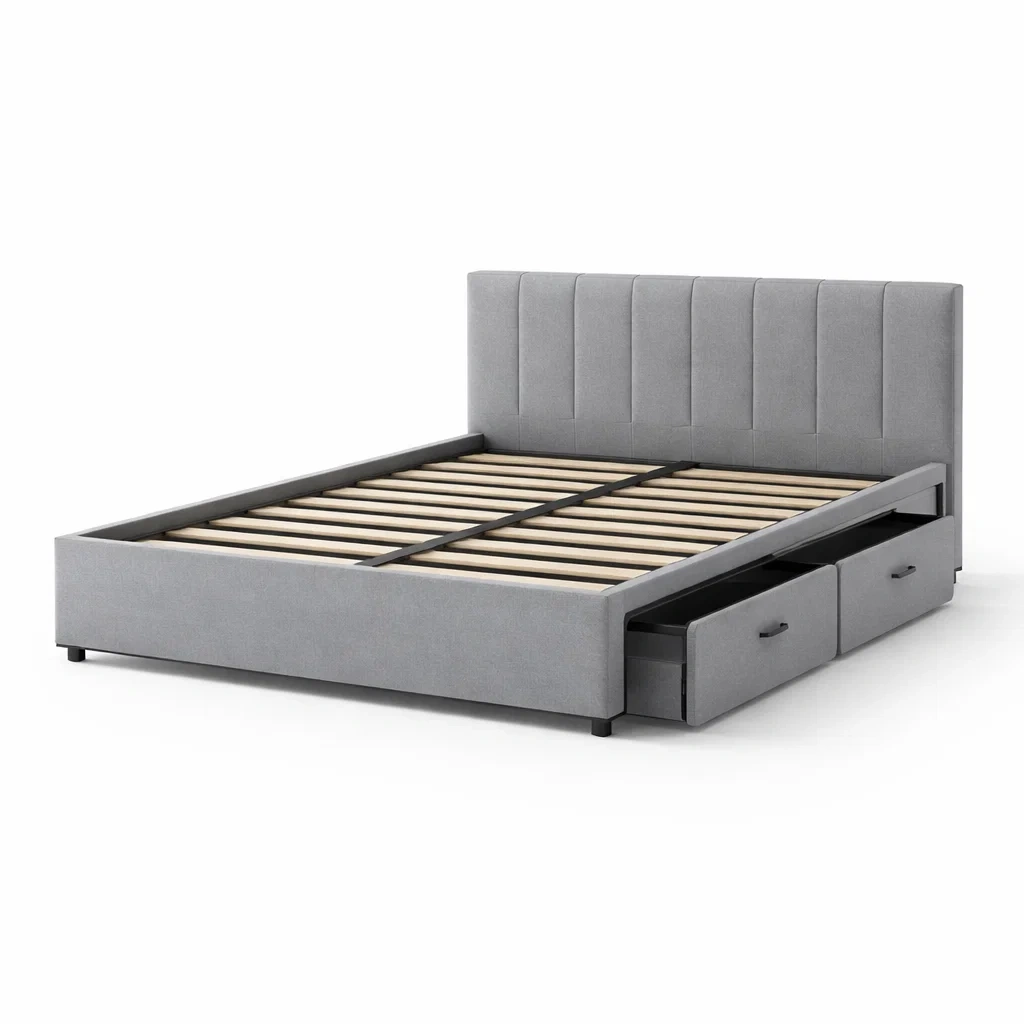 Bett mit stauraum stoff grau mit holzlatten-FURNIINHOUSE