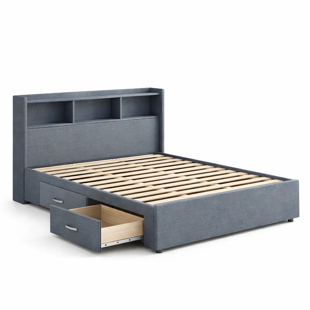 Bett mit stauraum stoff blau-FURNIINHOUSE