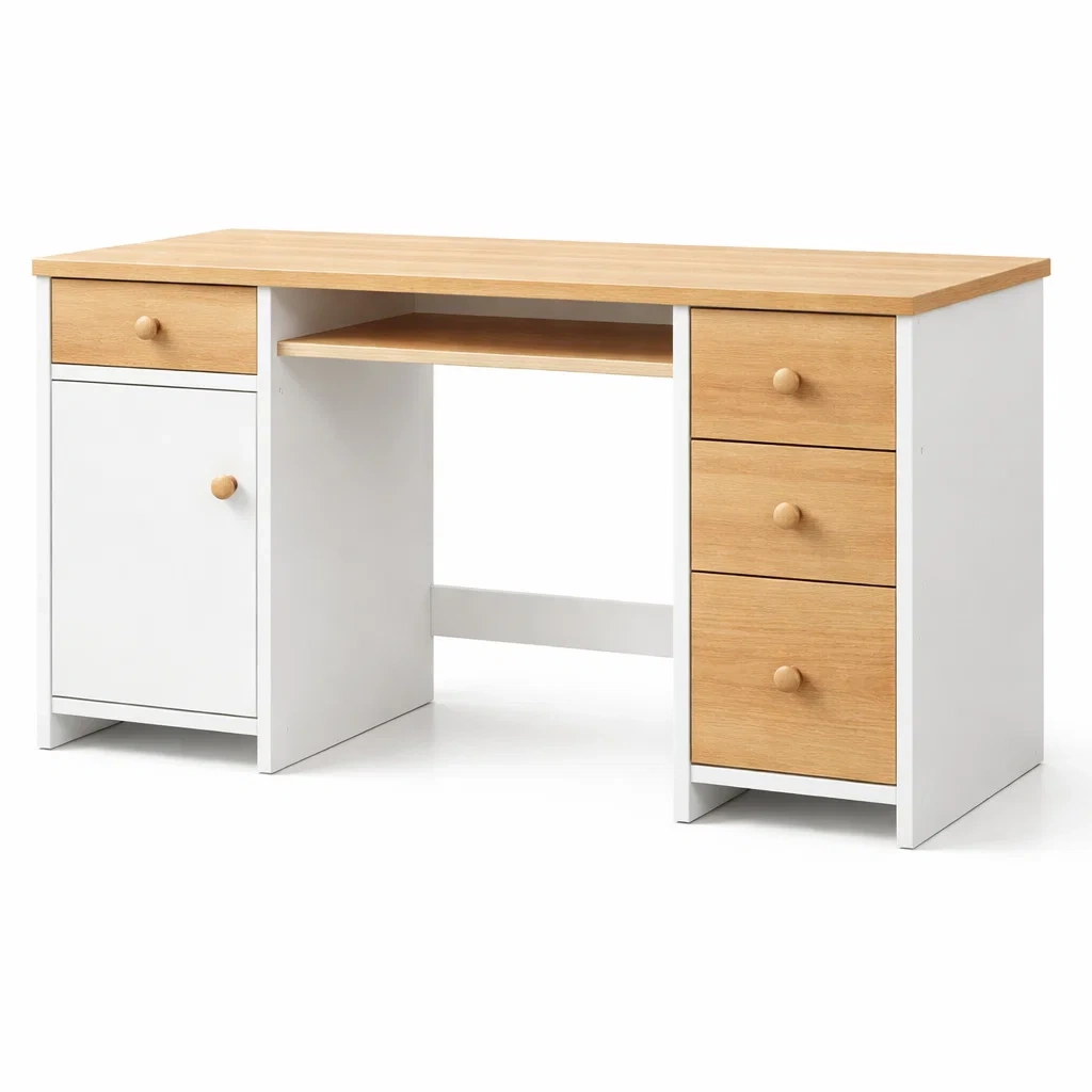 Schreibtisch holzwerkstoff weiß eichenoptik mit schubladen und tür-FURNIINHOUSE