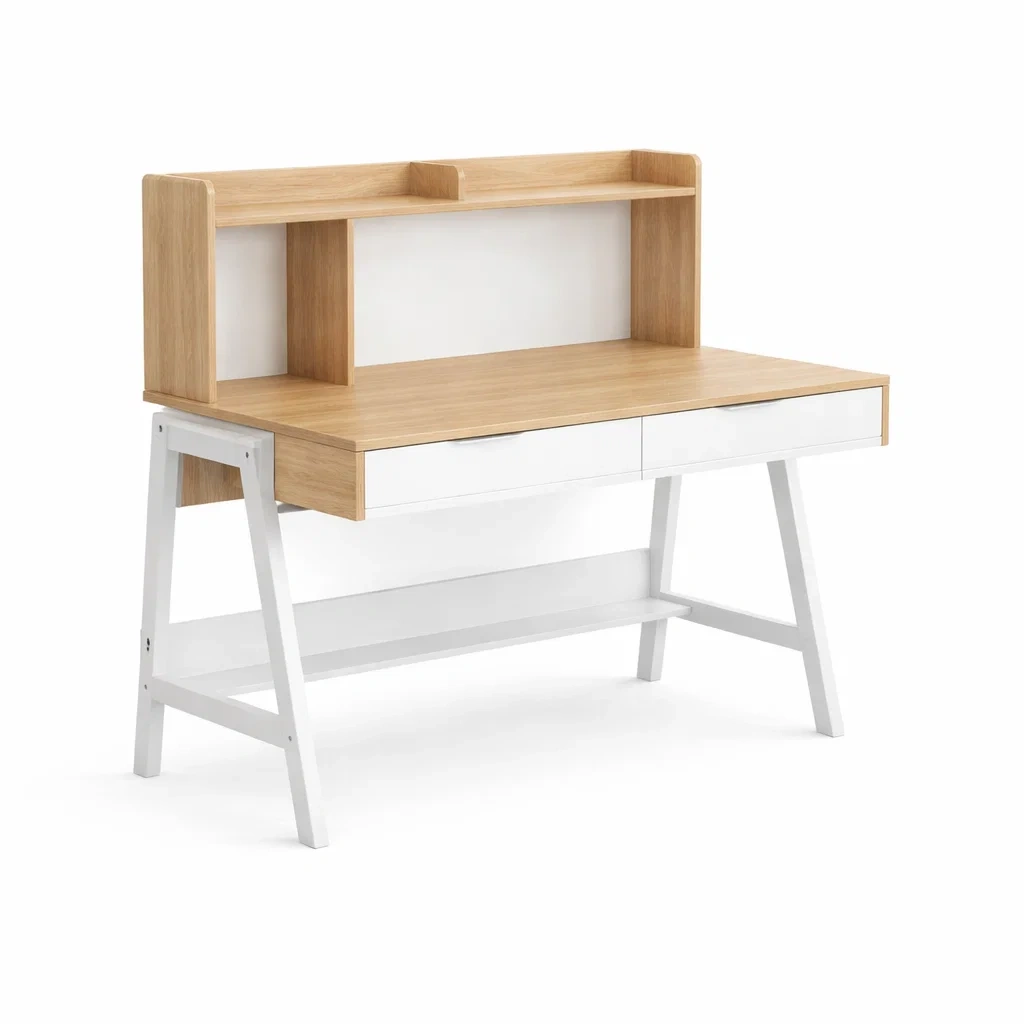 Schreibtisch holz metall weiß eichenoptik mit regal 120 x 60 x 135 cm-FURNIINHOUSE
