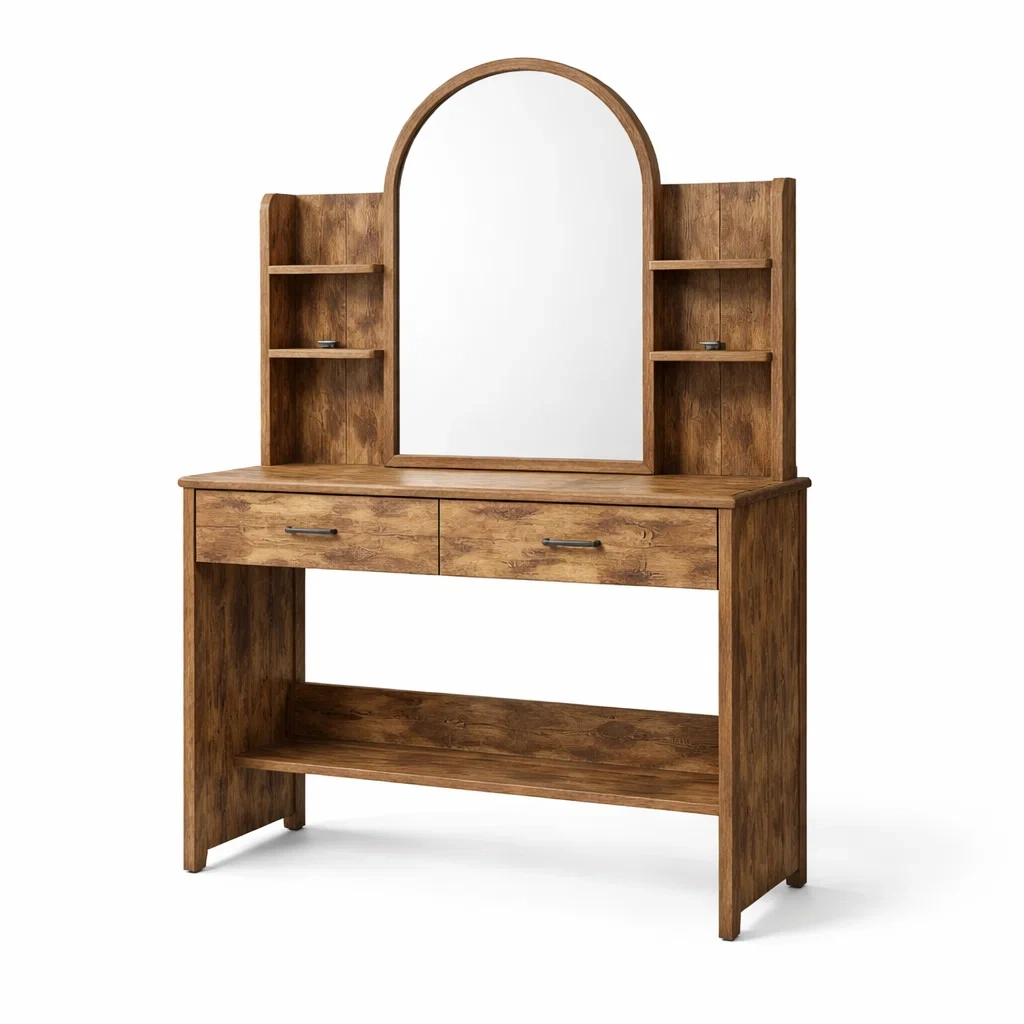 Schminktisch holz braun mit spiegel und regal 120 x 50 x 160 cm-FURNIINHOUSE