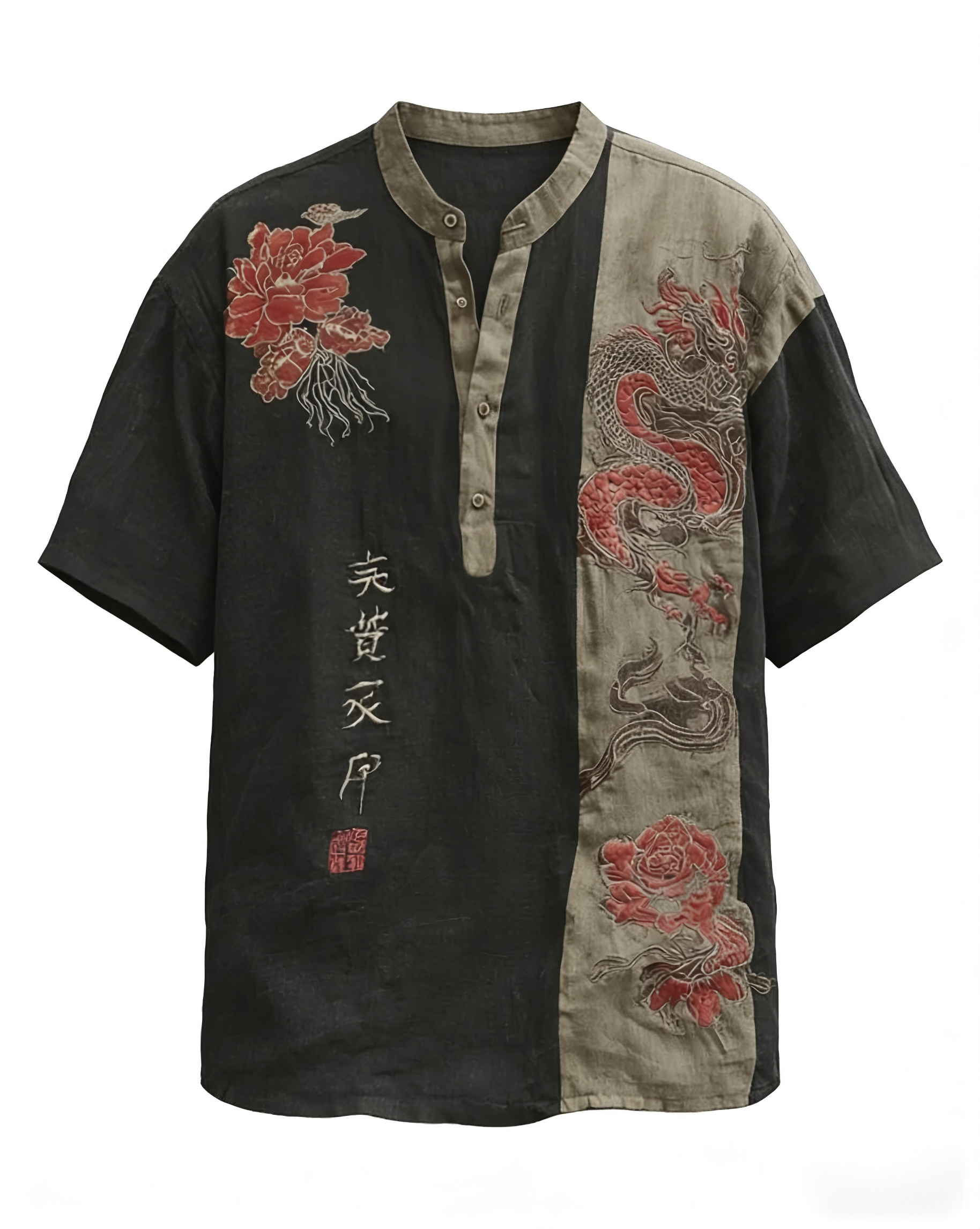 Men's Retro Dragon And Floral Pattern Short-sleeve Shirt