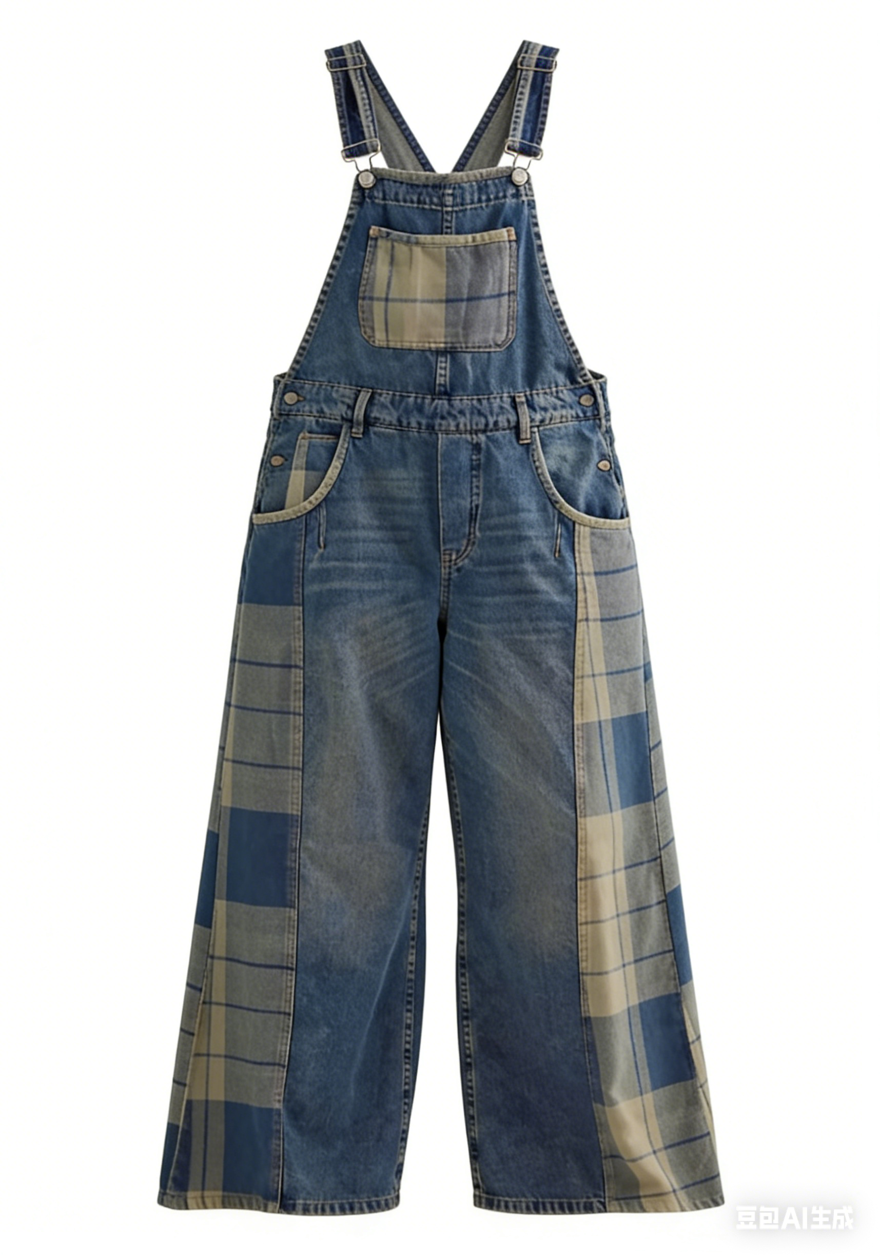Vintage Plaid Stitching Art Jeans Jumpsuit