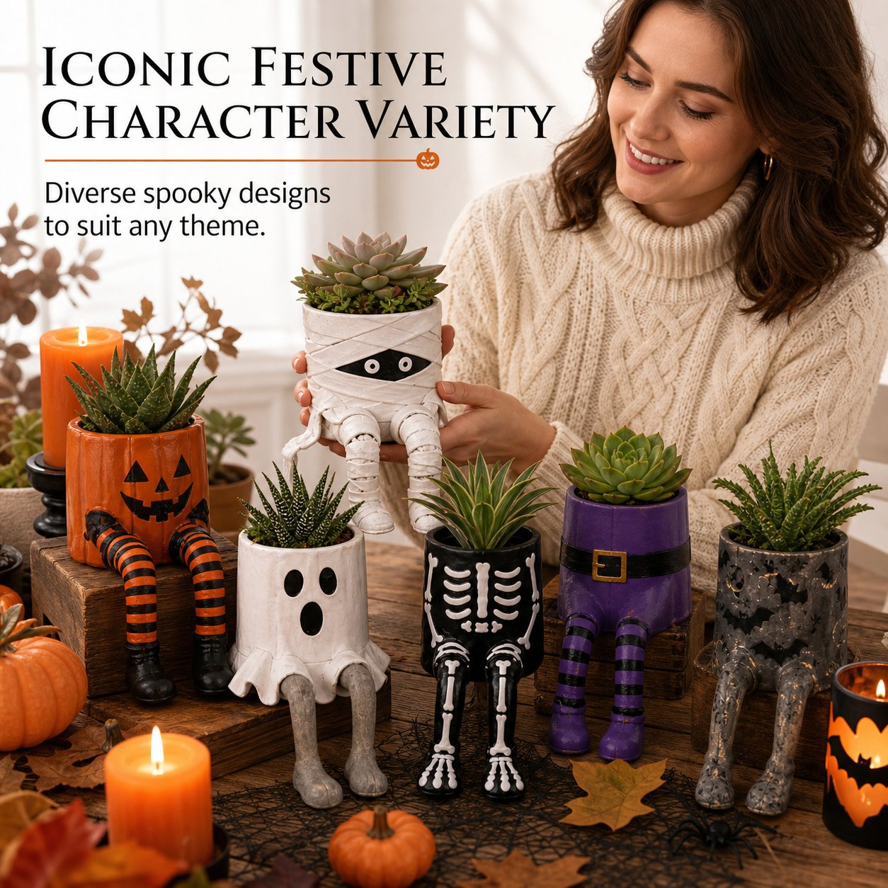 Halloween character planter perched on shelf edge with dangling legs