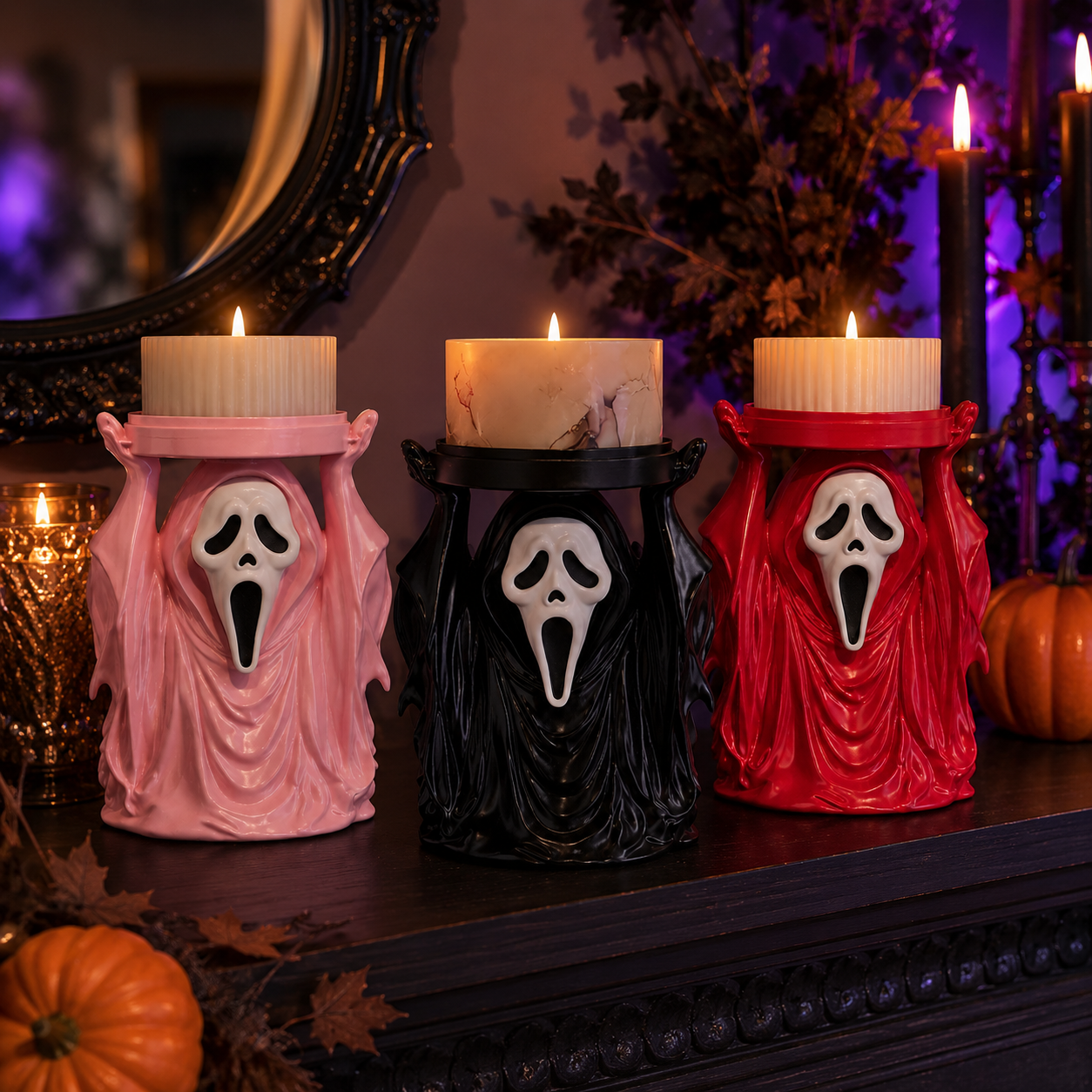 Ghost Face Candle Holder in cinematic candlelight