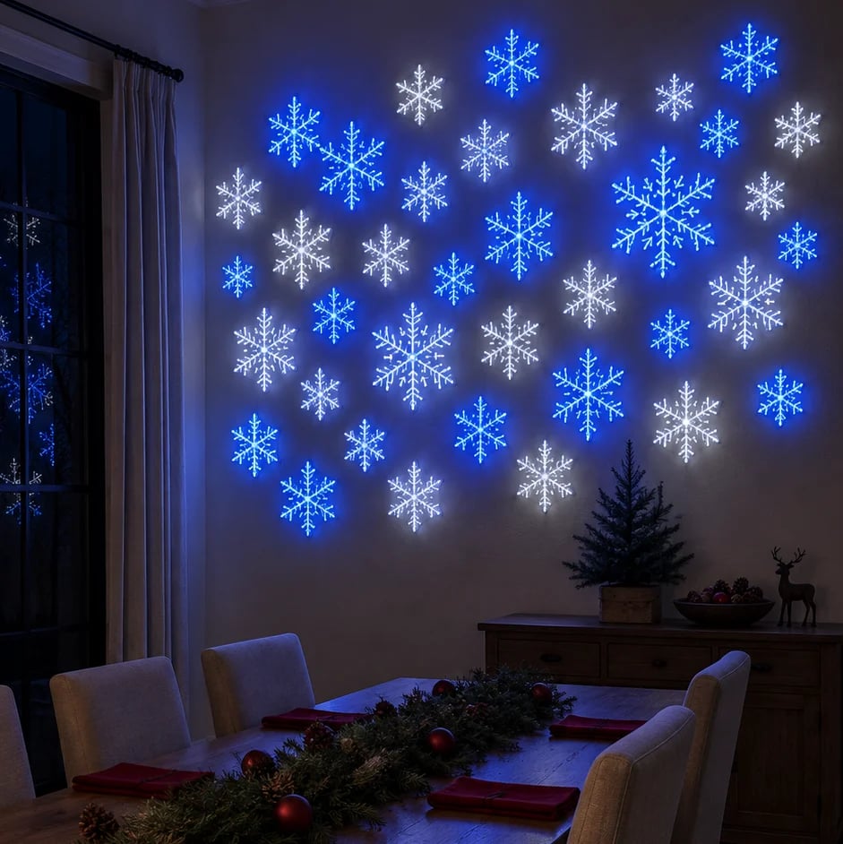 Blue and white snowflake lights arranged on a dining room wall