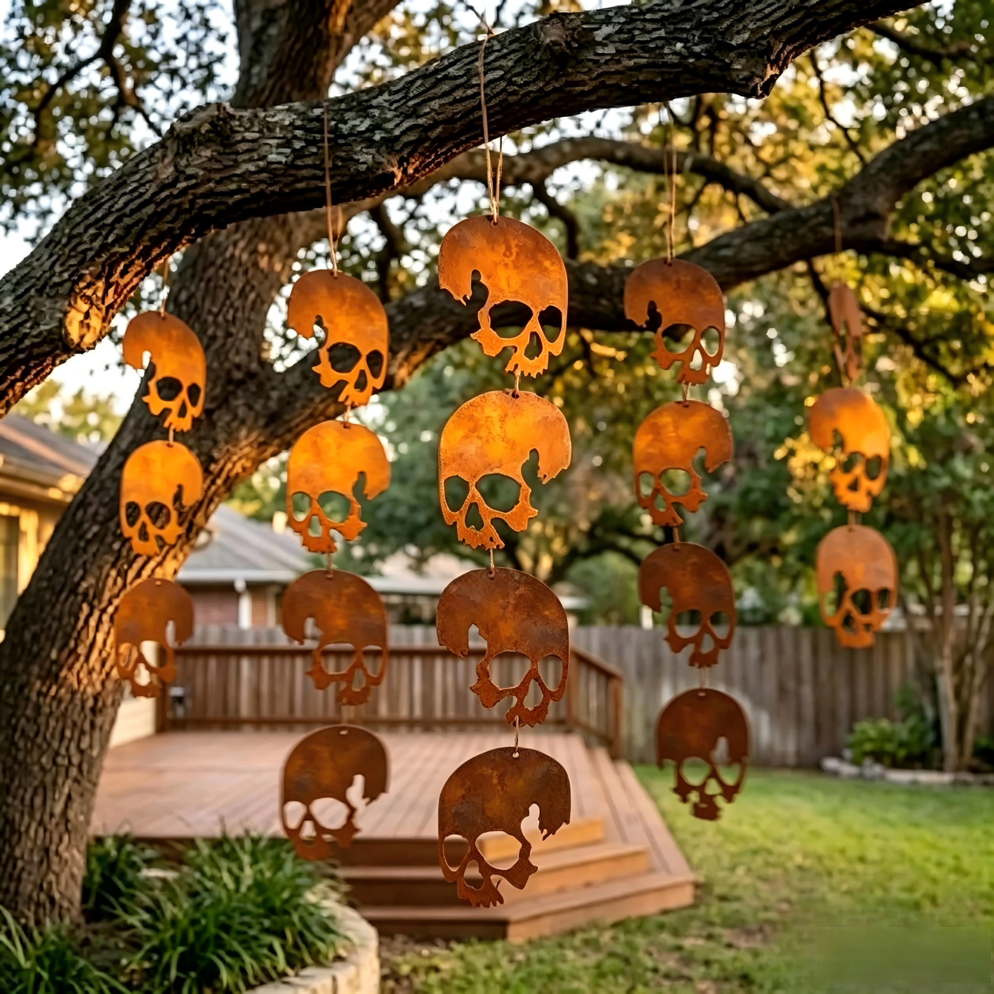 💀 24in Bronze Rusty Metal Skull Wind Chime 4 Skulls Halloween Garden Decor🎃